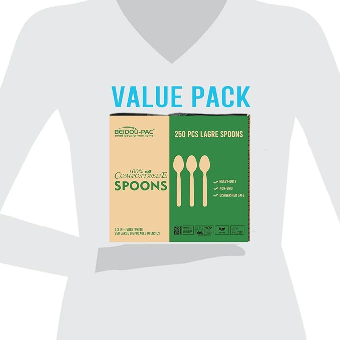 Compostable Spoons 250 Count, 7 In Large Disposable Biodegradable Flatware, Eco Friendly Durable Heat Resistant Cutlery Silverware Alternative to Plastic Spoons, BPI Certified