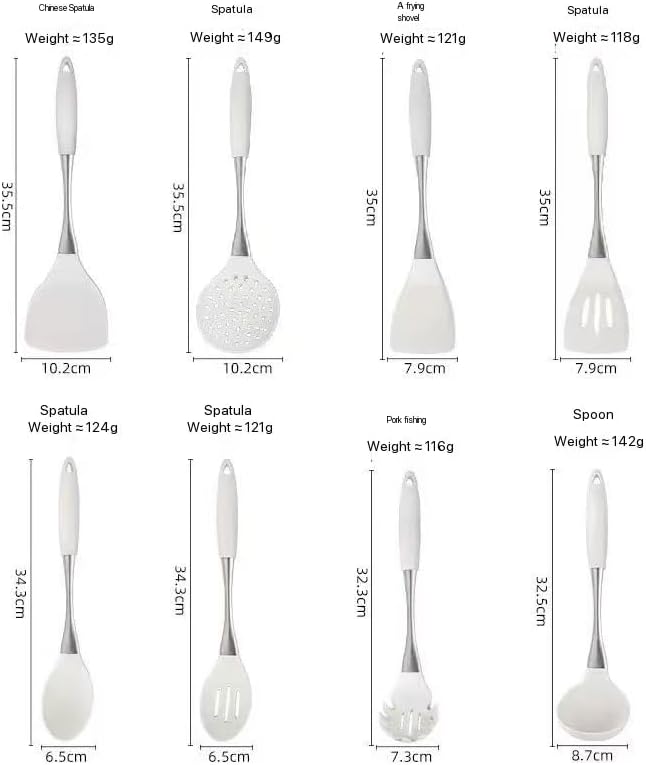 8-Piece White Kitchen Utensil Set with Gold Handles, Stainless Steel Cooking Tools, Includes Spatulas, Ladle, Spoons for Nonstick Cookware (silvery and Beige)