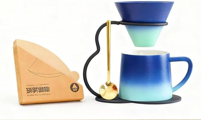 Pour Over Coffee Maker set,Ceramic Coffee Maker With V60 40 pcs Paper Filter，Metal Stand 9oz 270ml mug Pour Over Coffee Dripper blue