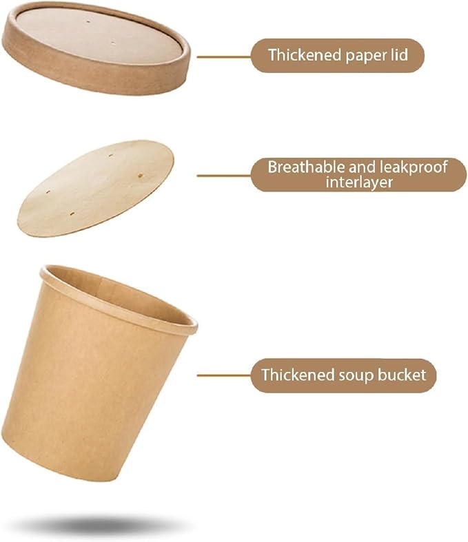 Paper Town Disposable Paper Soup Containers with Vented Lids, Kraft, 12 oz, Round, 50 Count, Compostable Food Storage Container, Ice Cream Cups