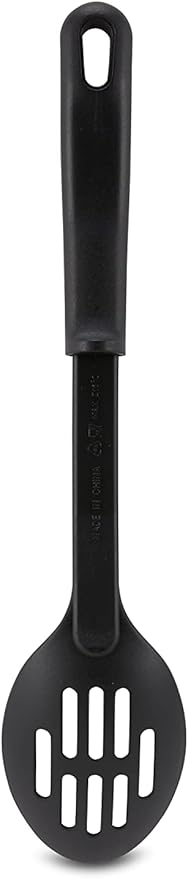 AME D'ESSENCE Slotted Cooking Spoon 11 1/2 inch Black Nylon 410ºF Heat Resistant Serving Spoon with Ergonomic Handle Kitchen Gadgets for Straining