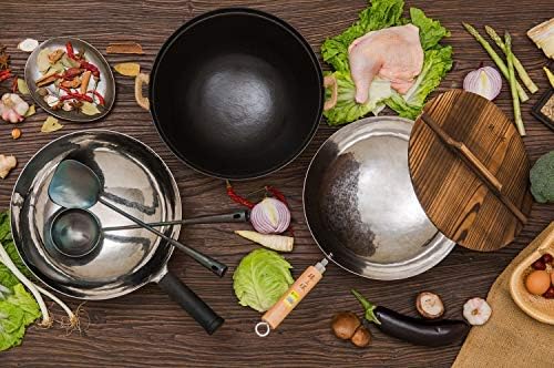 臻三环 ZhenSanHuan Chinese Hand Hammered Iron Woks and Stir Fry Pans, Non-stick, No Coating, Carbon Steel Pow (30CM, Silver-Not Seasoned)