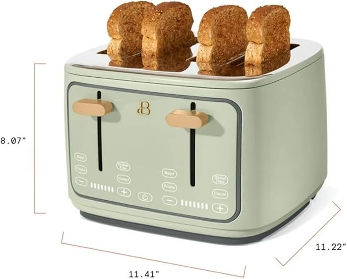 Beautiful 4 Slices Toaster - 7 Shade Settings, Touch Display, Extra-Wide Slots for Bagels, Gluten-Free & Frozen Presets, LED Countdown, Removable Crumb Tray, 1800-watt toasting (Sage Green)