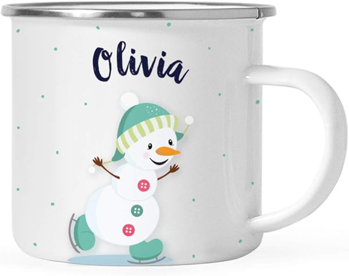 Andaz Press Personalized Name 11oz. Kids Christmas Hot Chocolate Stainless Steel Campfire Coffee Mug, Charming Snowman Aqua Ice Skates, 1-Pack, Custom Birthday Xmas Cup Kids Hot Chocolate Mug