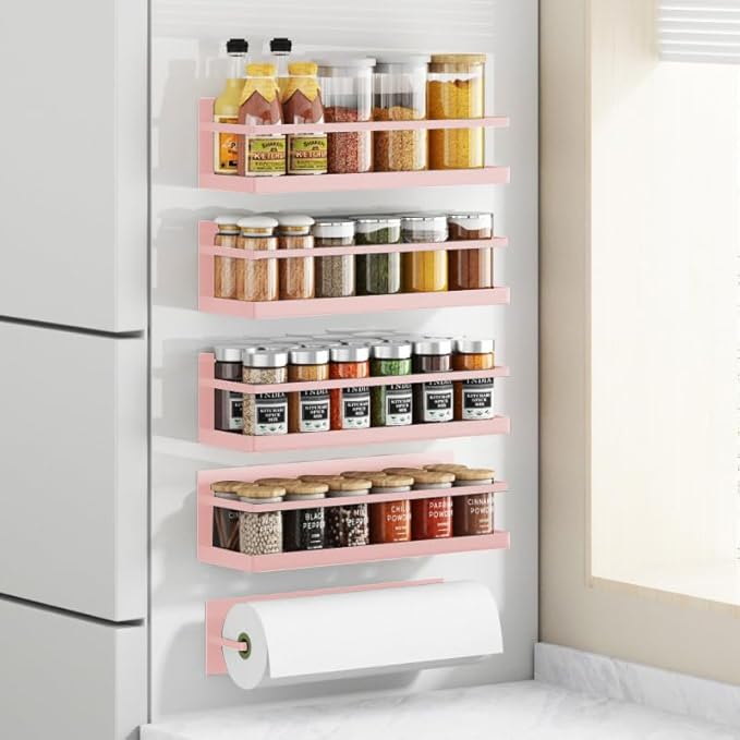 Magnetic Spice Rack For Refrigerator Magnetic Fridge Shelf For Kitchen Spice Organizer Magnetic Shelf For Fridge Space Saving Pink 4 Pack