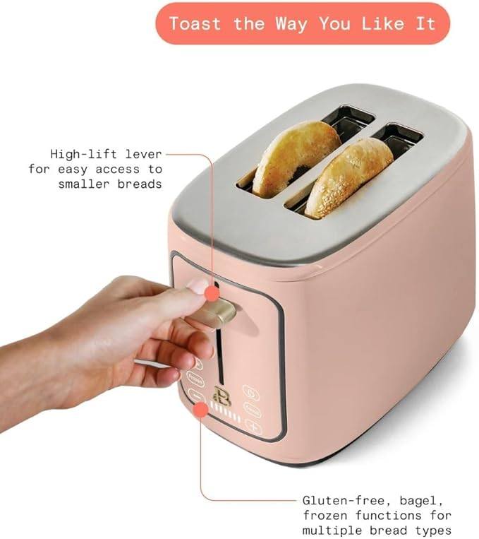 Beautiful by Drew Barrymore 2-Slice Toaster, Touch-Activated Display, 7 Shade Settings, Bagel/Frozen/Reheat Presets. (Rose)