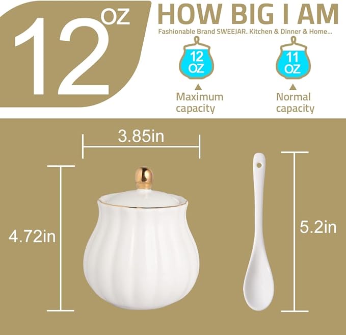 Sweejar Royal Ceramic Sugar Bowl, 12 Ounce Sugar Container with Spoon and Lid, Porcelain Salt Bowl Salt Container, Sugar Holder for Coffee Bar, Home and Kitchen(White)