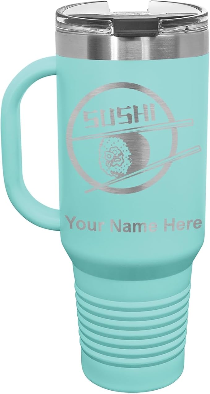 LaserGram 40oz Vacuum Insulated Travel Mug with Handle, Sushi, Personalized Engraving Included (Teal)