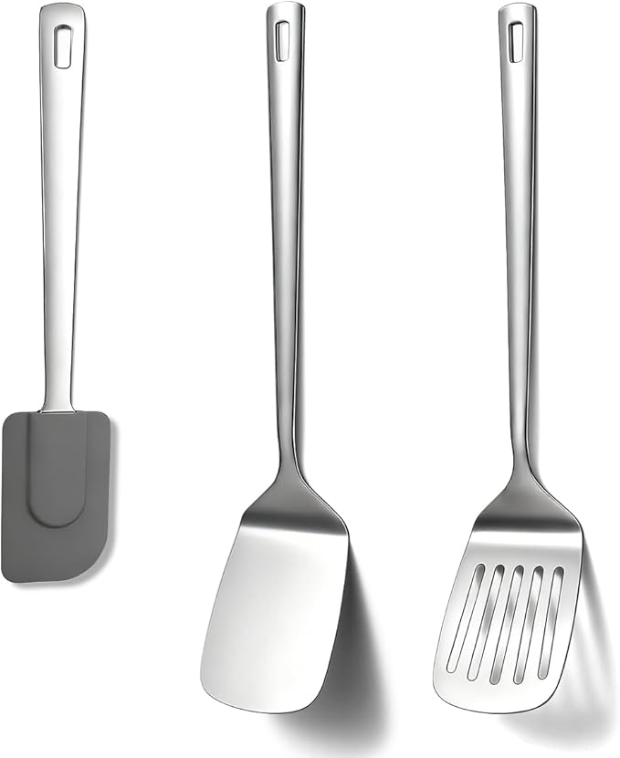 Berglander Stainless Steel Spatulas Set 3pcs, Metal Spatula Solid&Slotted&Flexible Turner, Heavy Duty Sturdy Kitchen Spatula, High Heat Resistant Cooking Utensils for Nonstick Cookware