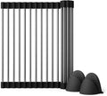 Roll Up Dish Drying Rack – Stainless Steel & Silicone Over Sink Mat, Foldable Kitchen Counter Organizer – Includes Mini Silicone Oven Mitts (Black)