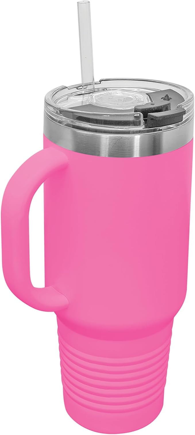 LaserGram 40oz Vacuum Insulated Travel Mug with Handle, Tiki Statue, Personalized Engraving Included (Pink)
