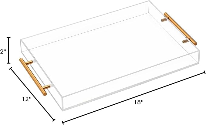 Clear Acrylic Tray with Metal Handle,No Need to Assemble-for Ottoman,Coffee Table, Breakfast, Tea, Food, Butler - Decorative Tray (12x18 Inch, Clear)