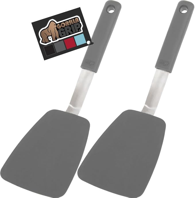 GORILLA GRIP Food Grade Flexible Silicone Spatula, 2 Pack, Heat Resistant Head for Nonstick Frying Pan, Patented Soft Rubber Handle for Comfort, Non-Scratch Kitchen Turner, Flip Eggs, 11.6 in, Gray