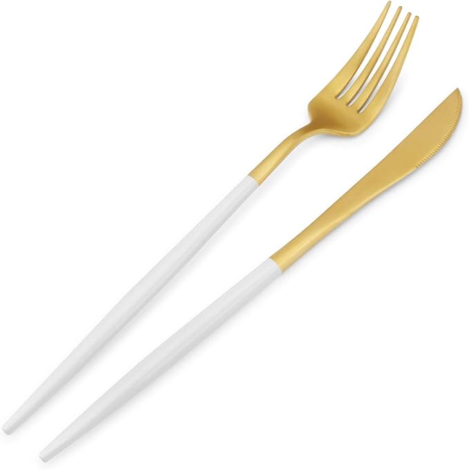 Matte Gold Silverware Set with white handle, Bysta 20-Piece Stainless Steel Flatware Set, Kitchen Utensil Set Service for 4, Tableware Cutlery Set for Home and Restaurant, Dishwasher Safe