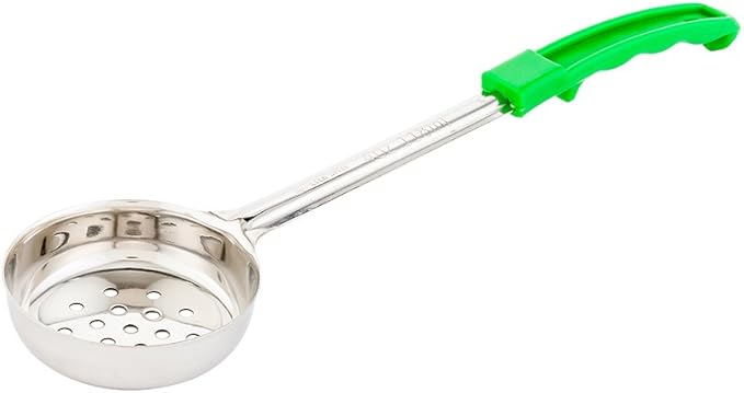 Restaurantware Met Lux 4 Ounce Portion Ladle 1 Perforated Portion Serving Spoon - Green Handle Dishwashable Stainless Steel Slotted Serving Utensil Multipurpose For Serving Pasta