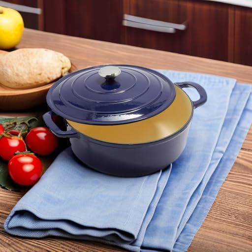 Sur La Table 7-Qt Enameled Cast Iron Dutch Oven – With Lid for Braising, Baking & Deep Frying, Induction Compatible, Oven to 500°F, Seals in Moisture for Flavorful Results, Blue