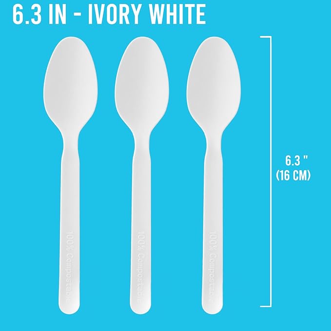 Compostable Spoons 250 Count, 7 In Large Disposable Biodegradable Flatware, Eco Friendly Durable Heat Resistant Cutlery Silverware Alternative to Plastic Spoons, BPI Certified