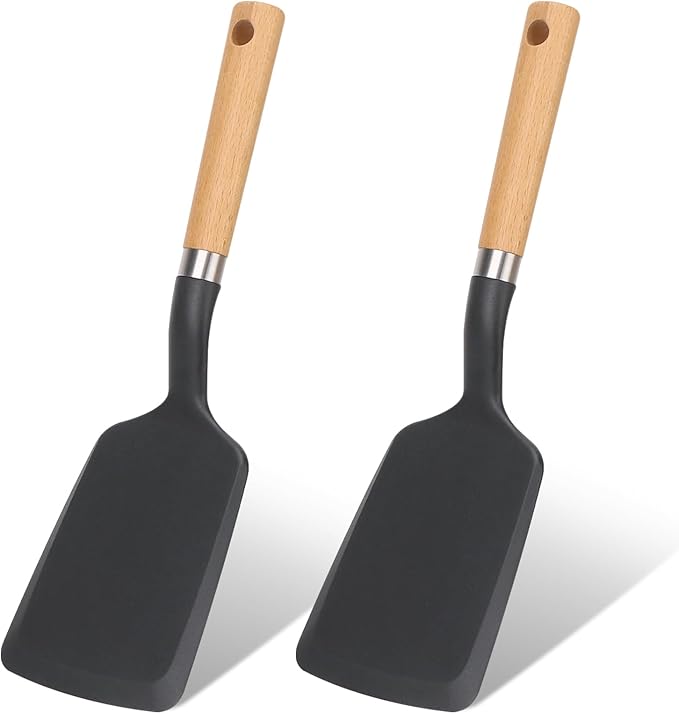 Silicone Spatula Turner, Heat Resistant Pancake Flipper Spatulas for Nonstick Cookware, Cooking Utensils with Wood Handle for Serving, Baking, Frying, Egg, Fish and Burger (2, Black)