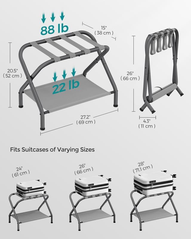 SONGMICS Luggage Rack, Suitcase Stand with Fabric Storage Shelf, for Guest Room, Bedroom, Hotel, Foldable, Holds up to 110 lb, 27.2 x 15 x 20.5 Inches, Slate Gray URLR002G01
