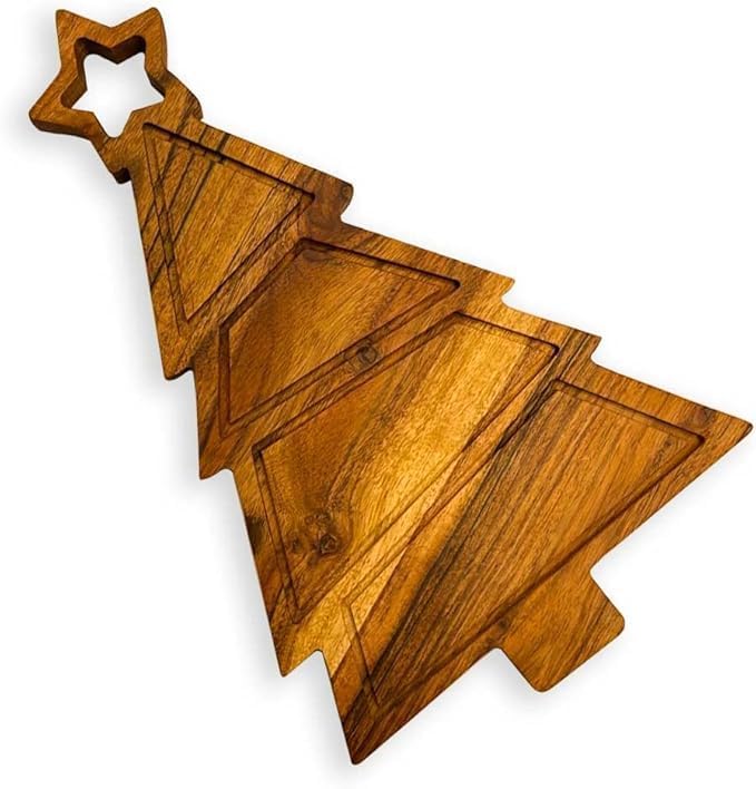 Christmas Tree Shaped Wood Cutting Chopping Board for Kitchen, Wooden Charcuterie Platter, Decorative Serving Tray, Cheese Boards,Christmas Gift 37.3L x 22.6W cm Natural Wood Brown