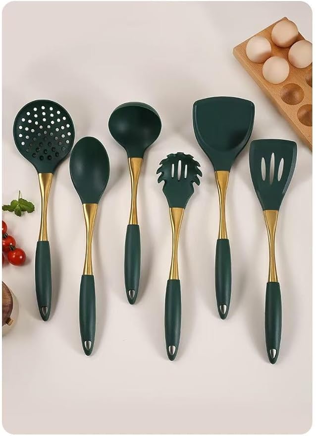 8-Piece White Kitchen Utensil Set with Gold Handles, Stainless Steel Cooking Tools, Includes Spatulas, Ladle, Spoons for Nonstick Cookware (Gold and Green)