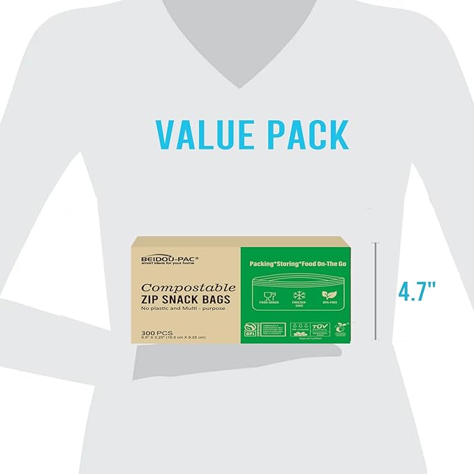 Compostable Snack Storage Zip Bags, 300 Count | 2 Mil | 6.5 IN x 3.25 IN, Freshness Easy Open Biodegradable Eco-Friendly Reclosable Compost zipper Bags for Food On the Go