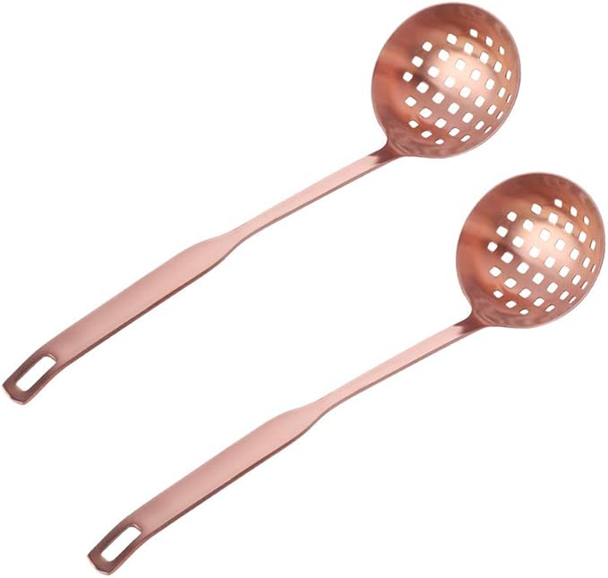 Buyer Star 2 Pcs Soup Ladle Colander, Rose Gold Cookware Serving Long Handle Steel Slotted Spoon Cooking Utensil Set for Hotpot