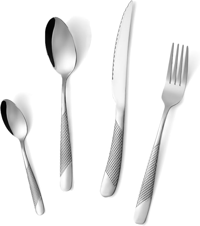 24-Piece Silvery Hammered Silverware Set, Food-Grade Stainless Steel Flatware Service for 6, Modern Cutlery Utensil Set with Forks Knives Spoons, Mirror Polished, Dishwasher Safe for Dining Restaurant