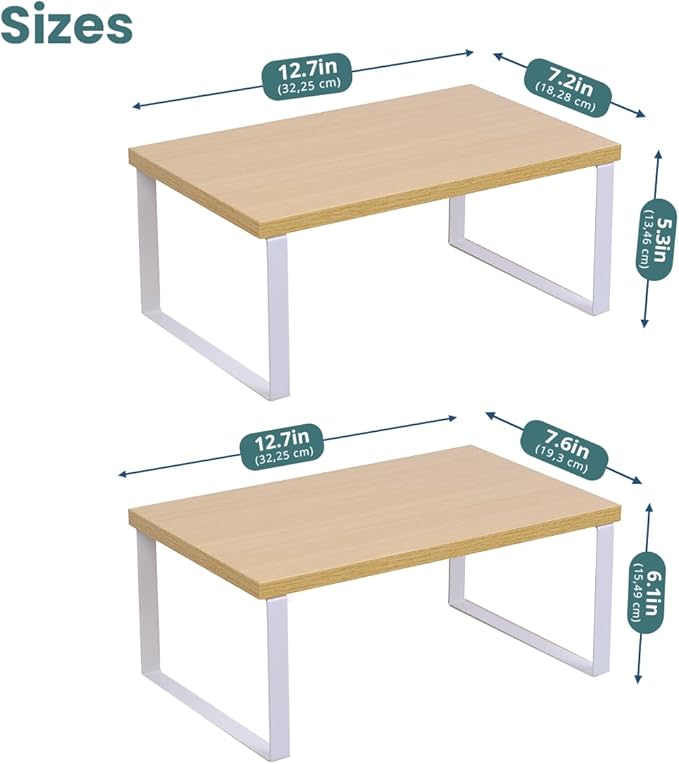 Sben Cabinet Organizer Shelf, Set of 2 Kitchen Counter Shelves, Kitchen Storage, Spice Rack, Stackable, Expandable, Metal and Engineered Wood, Cloud White and Natural Beige
