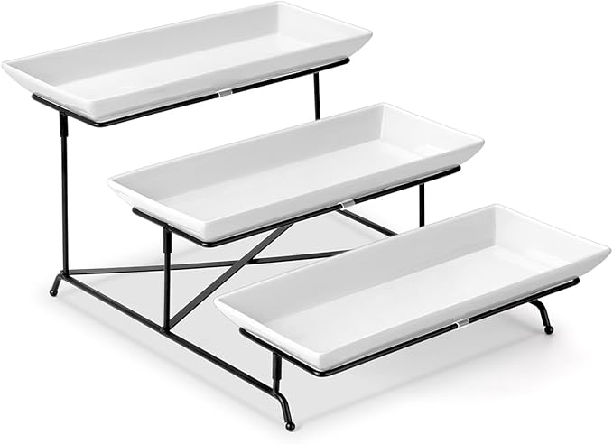 Yedio 3 Tier Serving Tray Set 14 Inch Porcelain Tiered Serving Trays Platters, Collapsible Sturdier Stand with Stable Cross Bars, Three Layer Serving for Party Entertaining Food Display Fruit Dessert