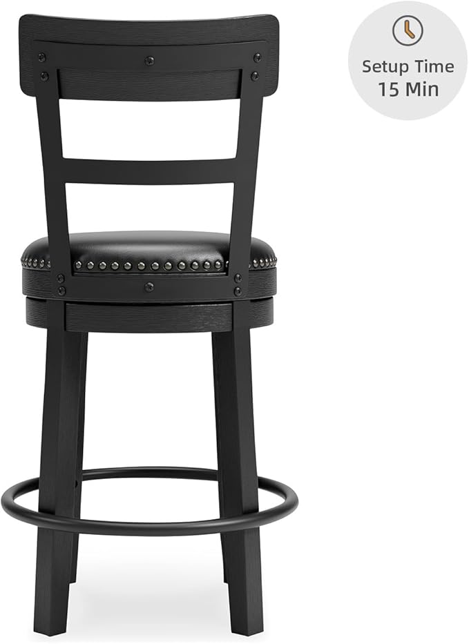 Signature Design by Ashley Valebeck Faux Leather Upholstered Swivel Barstool, Nailhead Trim, Solid Wood, 16.75" W x 19.75" D x 37.25" H, Antique Black
