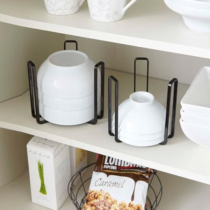 Dinnerware Bowl Plate Holder Fit for 6.5 Inches Diameters Bowl, Metal Bowl Storage Dying Display Rack for Kitchen Drawer, Countertop, Cabinet, Shelf, Cupboard (Black, Small 2PCS)