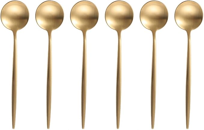 Gold 18/10 Stainles Steel Coffee Spoons, Slim Cutlery for Kitchen Hotel Restaurant Wedding Party, Matte Finish, Dishwasher Safe, Pack of 6