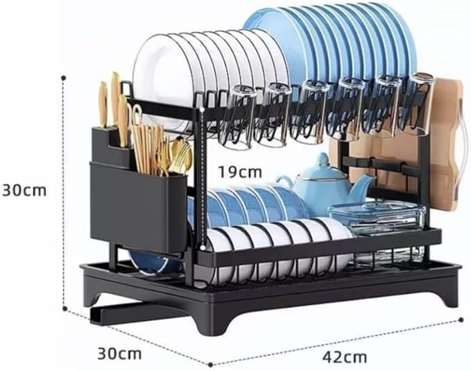 2 Tier Dish Racks for Kitchen Counter and Sink - Large Dish Drying Rack with Drainboard & Utensil Holders - Stainless Steel Dish Drainers Kitchen Organization and Storage for Space Saving (Black)