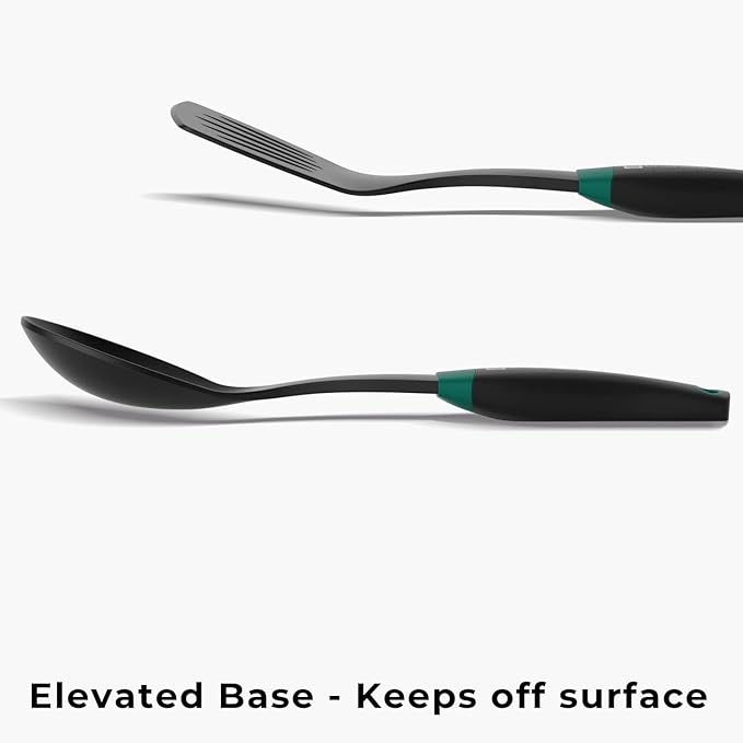 Linoroso Nylon Cooking Utensils Set, 7 Pieces Elevate Kitchen Utensil Set with Exquisite Rotating Stand, Innovative Weighted Handle, Easy to Clean, Black & Peacock Green (BPA Free, Non Toxic)