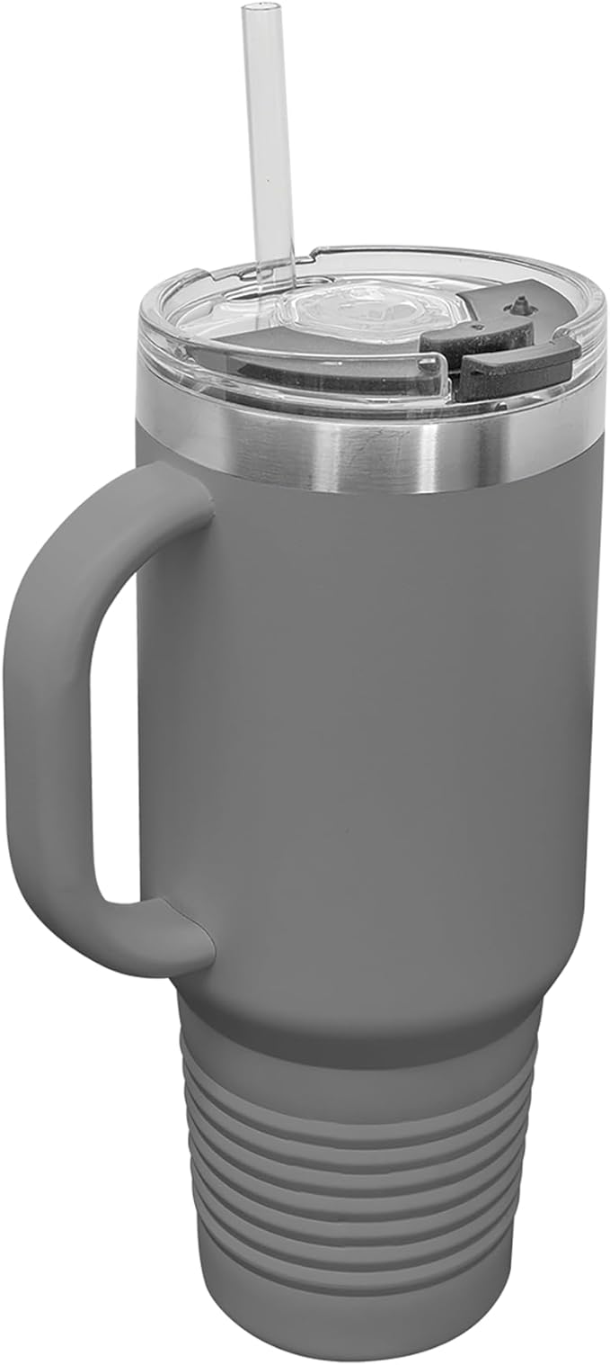 40oz Vacuum Insulated Travel Mug with Handle, Tiki Statue, Personalized Engraving Included (Gray)