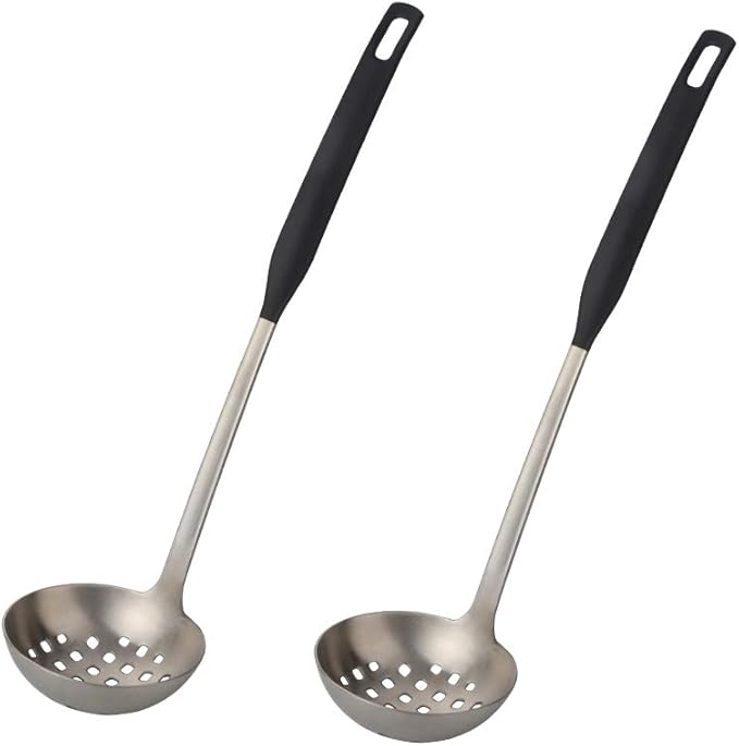 Buyer Star 2 Pcs Soup Ladle Colander, Silver Black Cookware Serving Long Handle Steel Slotted Spoon Cooking Utensil Set for Hotpot