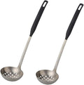 Buyer Star 2 Pcs Soup Ladle Colander, Silver Black Cookware Serving Long Handle Steel Slotted Spoon Cooking Utensil Set for Hotpot
