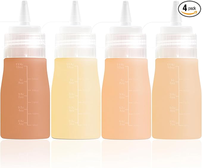 Condiment Squeeze Bottles, 12 oz Silicone Squeeze Bottles For Sauces, Leak Proof Condiment Containers with Extra Interchangeable lid, Easy Squeeze for Oil, Honey & Dressings, BPA FREE (4 Pack)