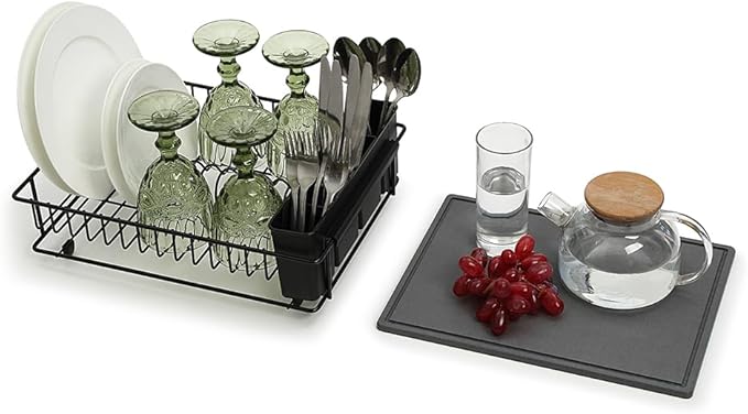 SunnyPoint 304 Stainless Steel Dish Drying Rack with Diatomaceous Earth Drainboard & Removable Utensil Caddy – Rust Resistant Countertop Dish Rack for Kitchen (Black)