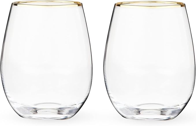 Twine Gilded Stemless Wine Glasses Set with Gold Rim, Modern Drinking Glasses for Red and White Wines, Wedding Gifts, Holiday Celebration, Elegant Glassware, Home Bar,18 oz, Set of 2