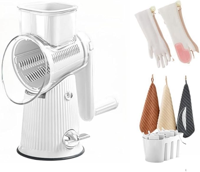 Le D'Affaires 5 in 1 Cheese Grater, 2025 NEW Rotary Cheese Grater with Hand Crank, Multi-Function Gourmet Cheese Grater for Kitchen, 5-Blade Vegetable Slicer and Storage Box (White)