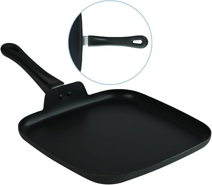 10 Inch Square Griddle Pan - Nonstick Flat Skillet, Cast aluminum, Grill Pan for Cooking Stove Top Omelette Steak Stir Fry, Comales para Tortillas with Cool Touch Handle, PFOA Free