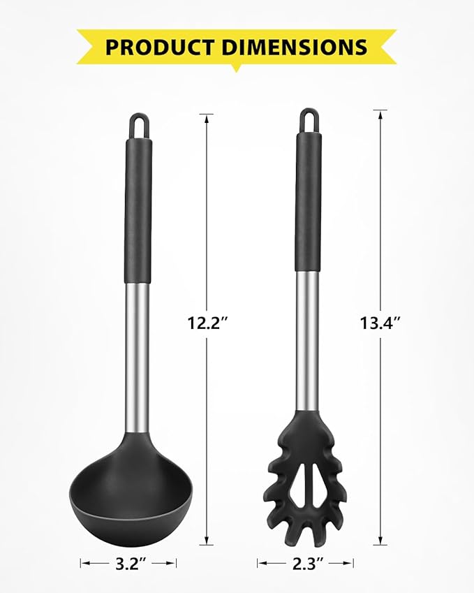 Silicone Pasta Fork and Soup Ladle Set, Non-Stick BPA Free Heat-Resistant Handy Kitchen Utensils for Cooking, Serving, Draining, Stirring (Black)