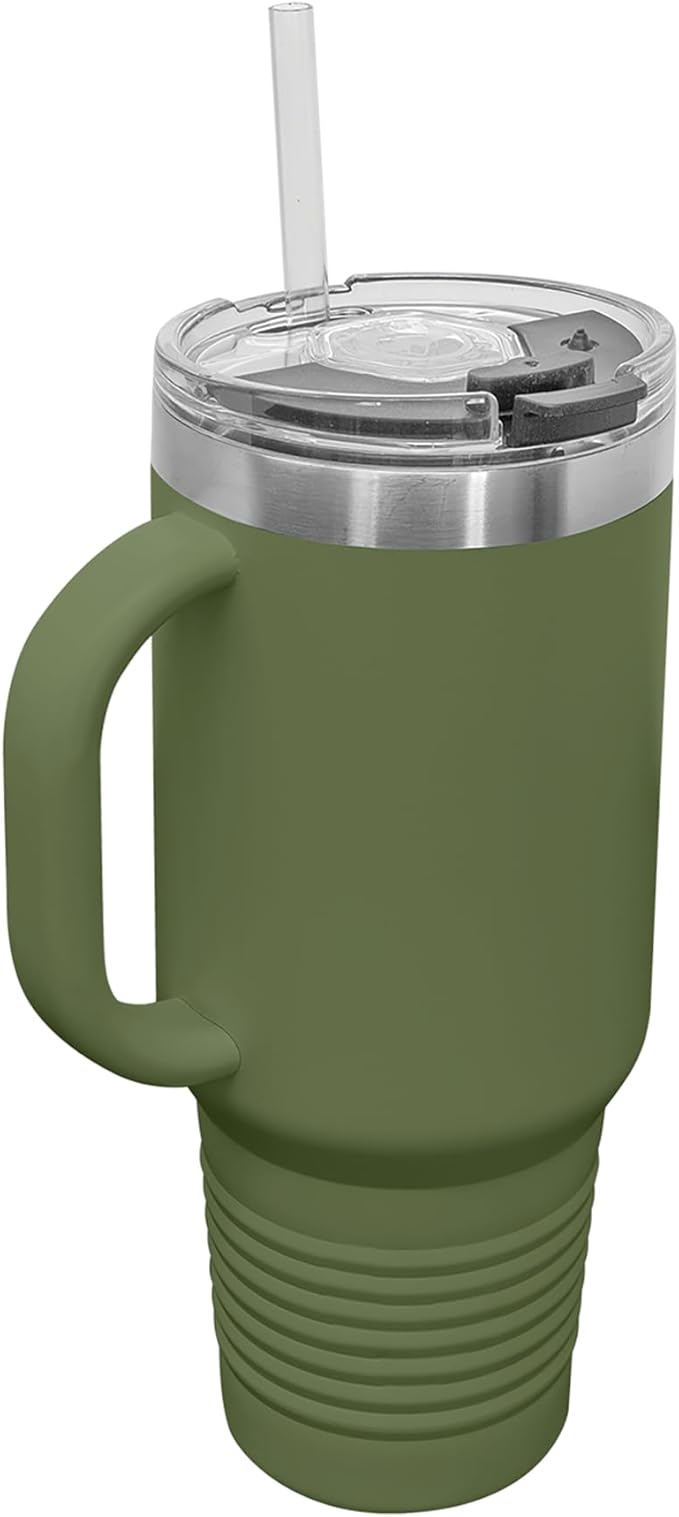 LaserGram 40oz Vacuum Insulated Travel Mug with Handle, Tiki Statue, Personalized Engraving Included (Camo Green)