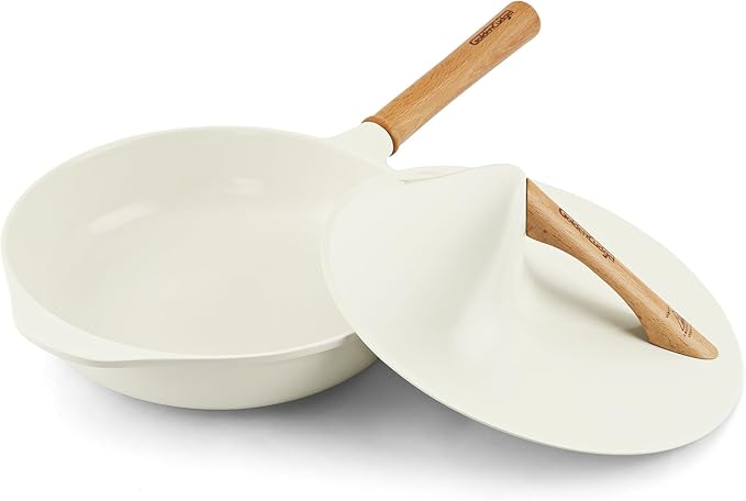 Nonstick Skillet with Lid ,10 Inch Deep Frying Pan, Toxin-Free Ceramic Frying Pan Cookware, Wabi-Sabi Style Healthy Non Toxic Cooking Pan with Helper Handle, Saute Pan Compatible with All Stovetops