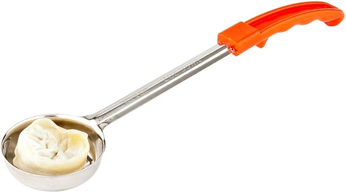 Restaurantware Met Lux 2 Ounce Portion Ladle 1 Perforated Portion Serving Spoon - Red Handle Dishwashable Stainless Steel Slotted Serving Utensil Multipurpose For Serving Pasta