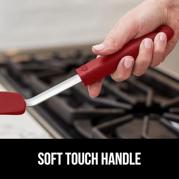 GORILLA GRIP Food Grade Flexible Silicone Spatula, 2 Pack, Heat Resistant Head for Nonstick Frying Pan, Patented Soft Rubber Handle for Comfort, Non-Scratch Kitchen Turner, Flip Eggs, 11.6 in, Red