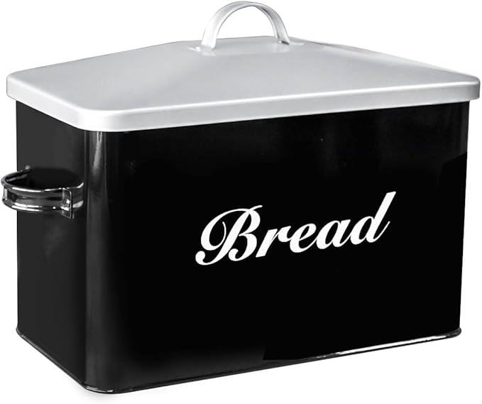 SOTECH Vintage Metal Bread Box Farmhouse Decor Style Pantry Organization and Storage Container,Space Saving Black with Silver Breadbox-Rustic Kitchen Decor