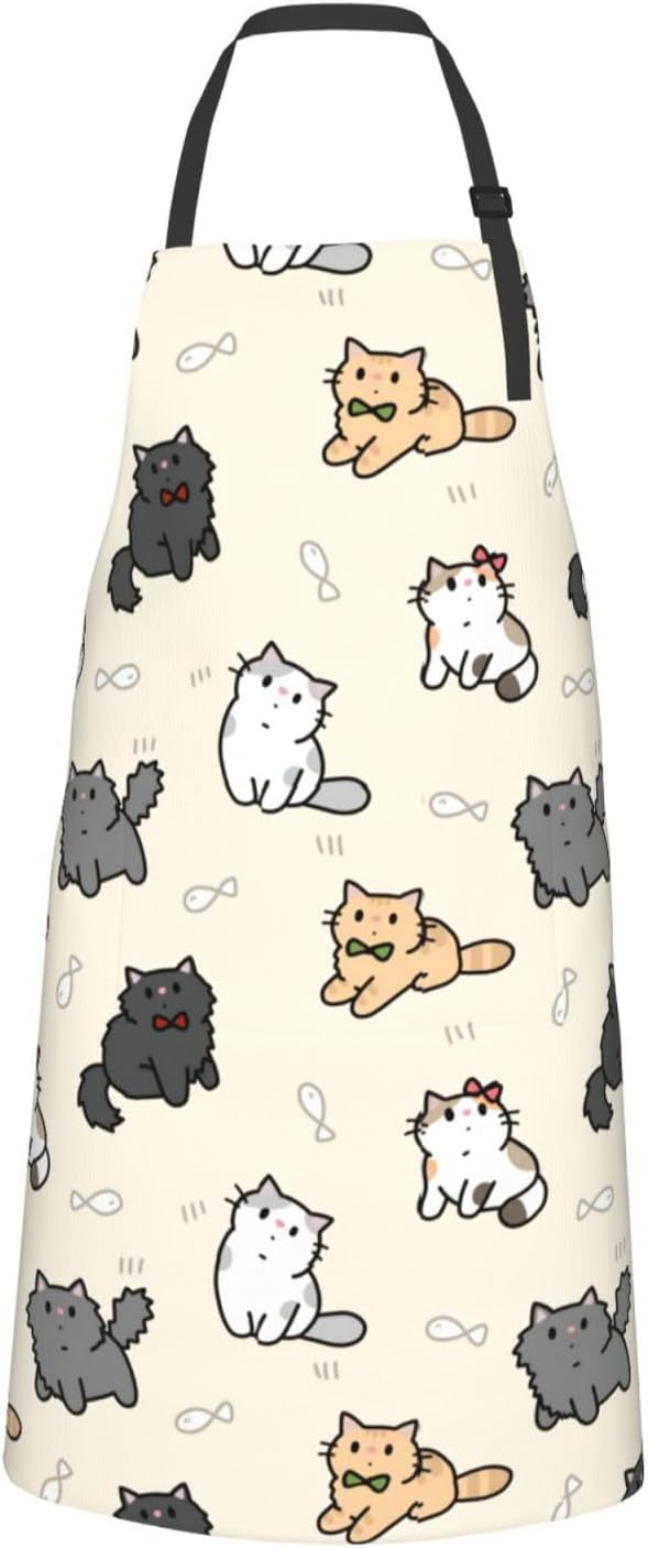 Cute Cat Apron Adjustable with 2 Pockets Cooking Kitchen Aprons for Men Women Outdoors Baking Chef Apron
